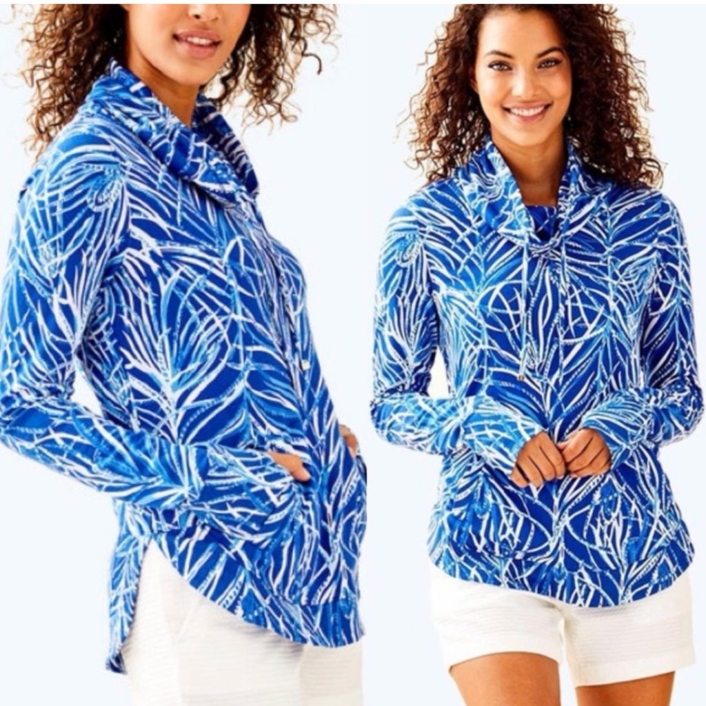 Lilly Pulitzer Fletcher Pullover Early Riser Blue Cowl Neck Pocket Xs Nwt Beach